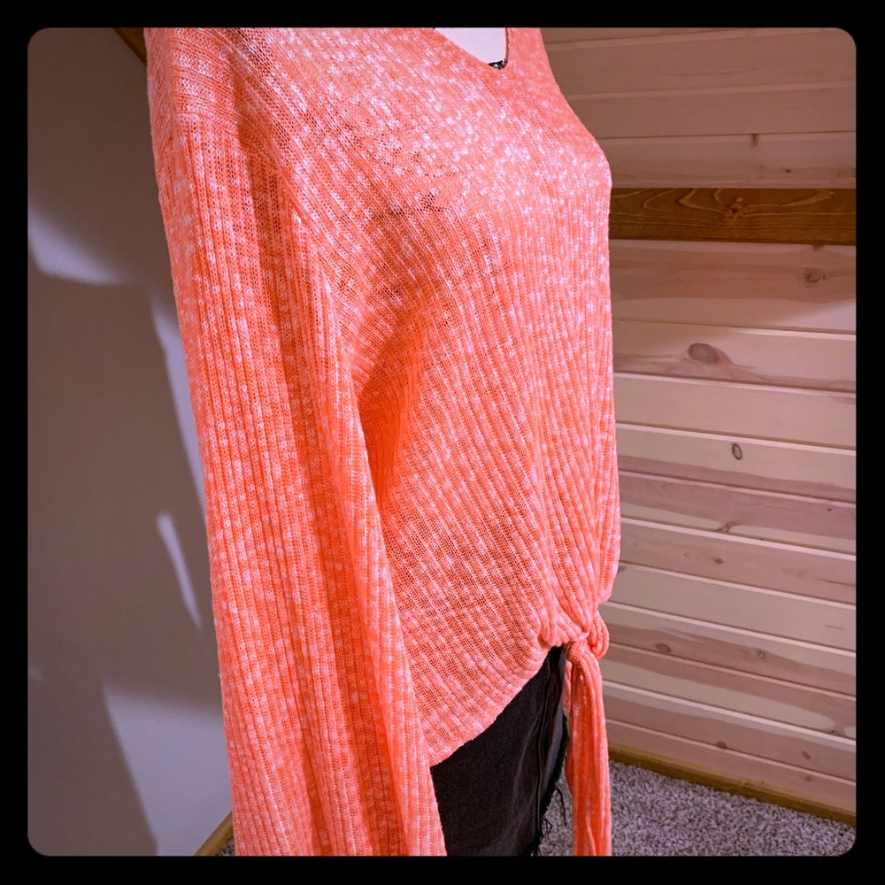 L&B rib knit front tie sweater with bell sleeves